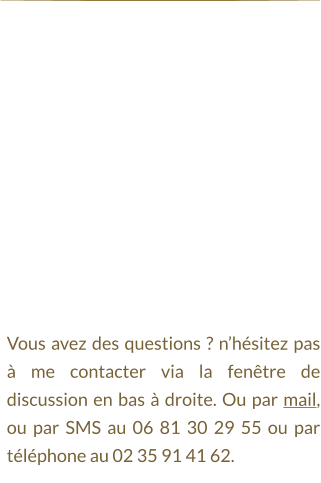 Vous avez des questions ? n’hésitez pas à me contacter via la fenêtre de discussion en bas à droite. Ou par mail, ou par SMS au 06 81 30 29 55 ou par téléphone au 02 35 91 41 62.
