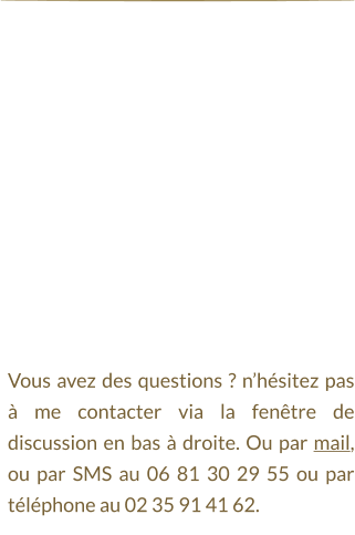 Vous avez des questions ? n’hésitez pas à me contacter via la fenêtre de discussion en bas à droite. Ou par mail, ou par SMS au 06 81 30 29 55 ou par téléphone au 02 35 91 41 62.