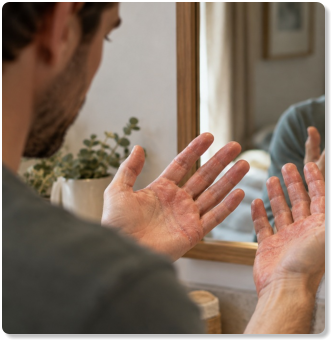 Homme observant ses mains présentant des plaques d’eczéma devant un miroir.