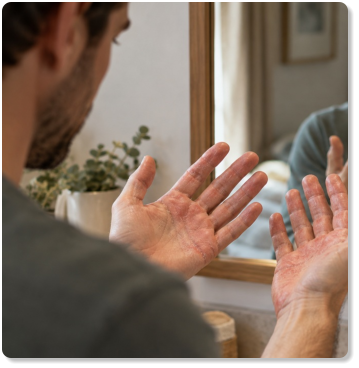 Homme observant ses mains présentant des plaques d’eczéma devant un miroir.