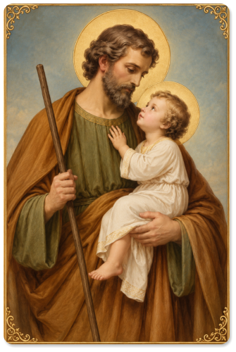 Saint Joseph tenant l’Enfant Jésus, accompagné du texte de la prière « Souvenez-vous à saint Joseph », proposée comme soutien spirituel pendant un lumbago.