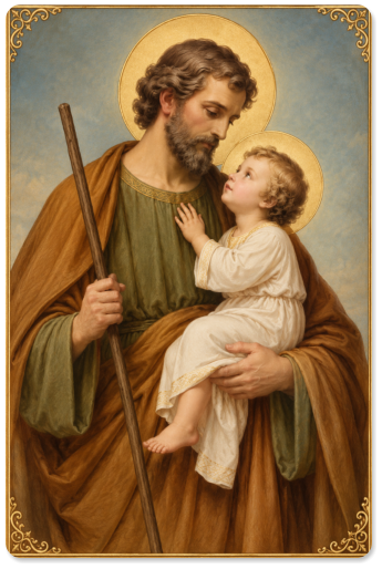 Saint Joseph tenant l’Enfant Jésus, accompagné du texte de la prière « Souvenez-vous à saint Joseph », proposée comme soutien spirituel pendant un lumbago.