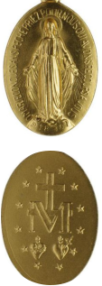 Recto et verso de la Médaille Miraculeuse révélée à Sainte Catherine Labouré en 1830. Cette médaille est portée par de nombreux fidèles comme signe de confiance, de protection et d'intercession de la Vierge Marie.