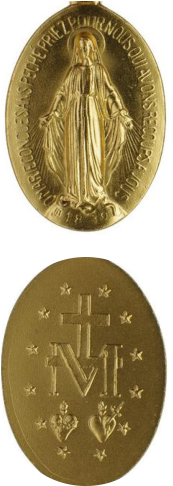 Recto et verso de la Médaille Miraculeuse révélée à Sainte Catherine Labouré en 1830. Cette médaille est portée par de nombreux fidèles comme signe de confiance, de protection et d'intercession de la Vierge Marie.