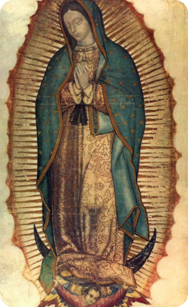 Représentation traditionnelle de Notre-Dame de Guadalupe, apparue à Juan Diego en 1531 au Mexique. Très vénérée dans le monde catholique, elle est invoquée pour la protection des familles, des enfants et des femmes enceintes.